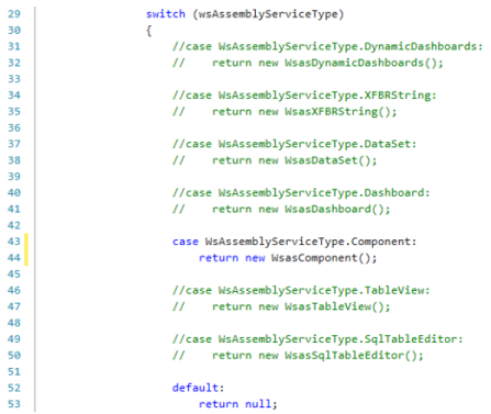Sample Service Factory with an component service type that has a yellow highlight line on lines 43-44.